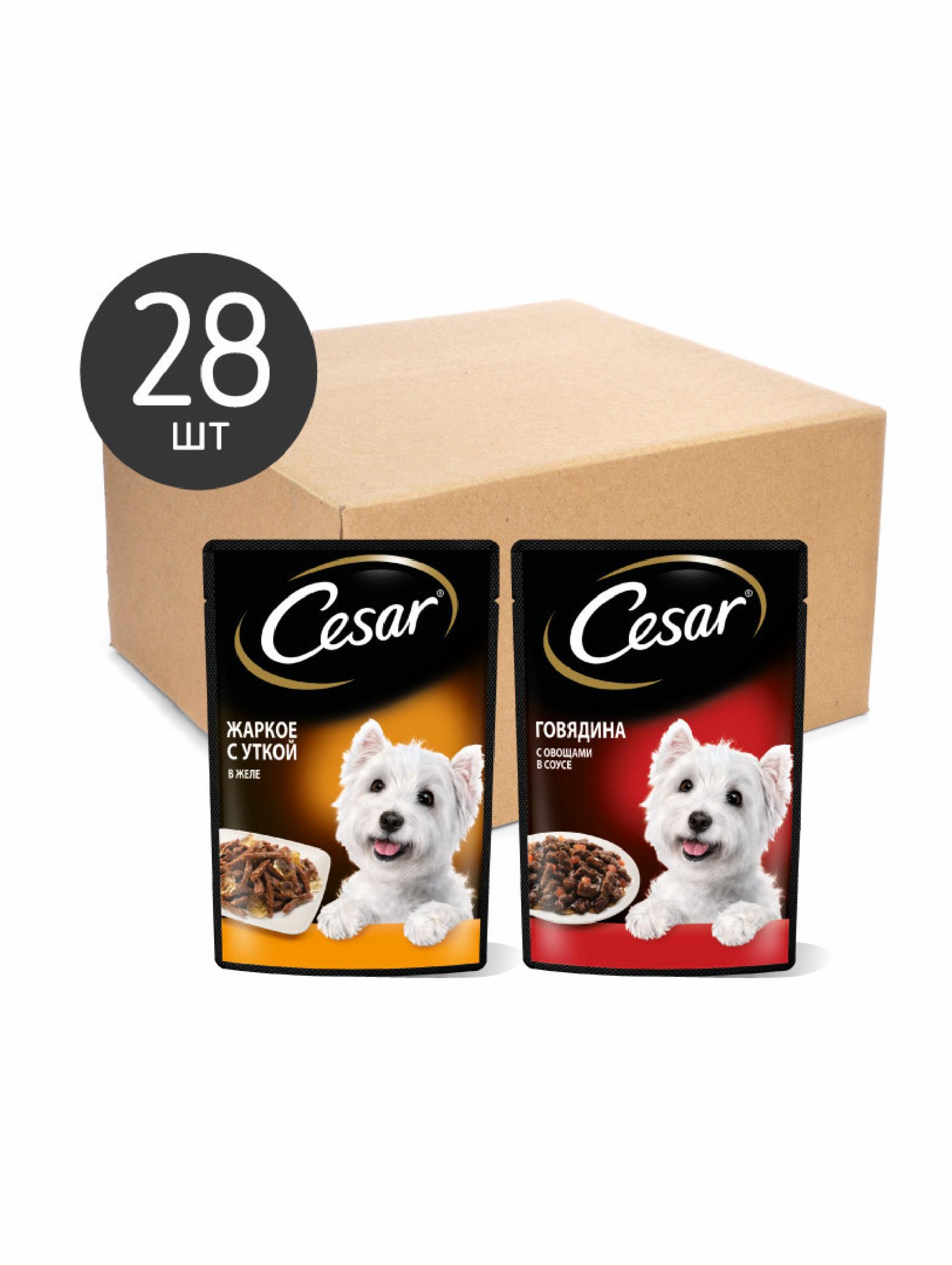   Petshop Cesar набор паучей для собак, два вкуса (паучи желе 14шт х 85г и паучи ломтики в соусе 14шт х 85г) (28 шт)