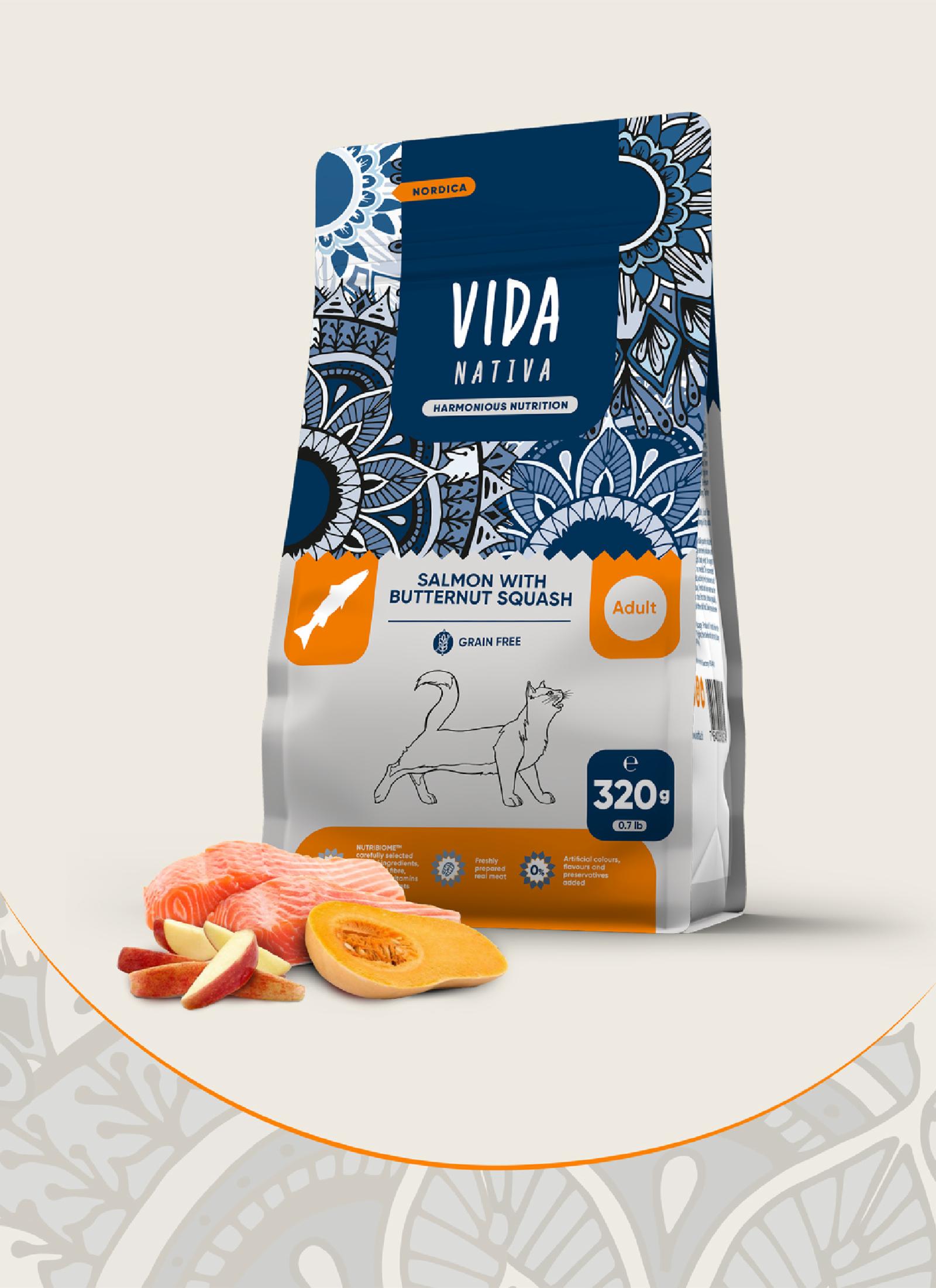 VIDA Nativa беззерновой корм для взрослых кошек, со свежим лососем и тыквой, GRAIN FREE adult cats salmon and pumpkin (320 г)