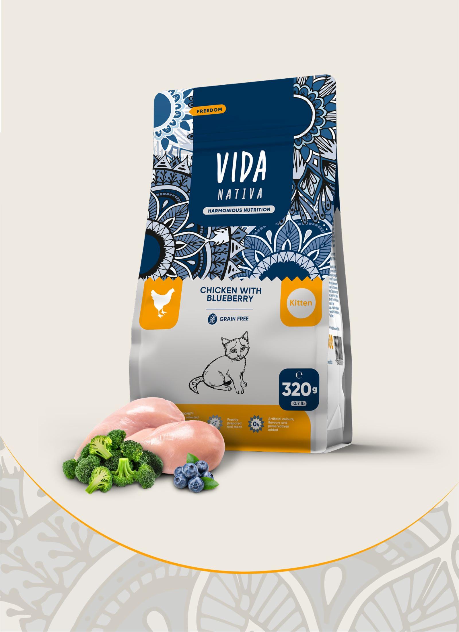 VIDA Nativa беззерновой корм для котят, со свежей курицей и черникой, GRAIN FREE kitten chicken and bluebirries (320 г)