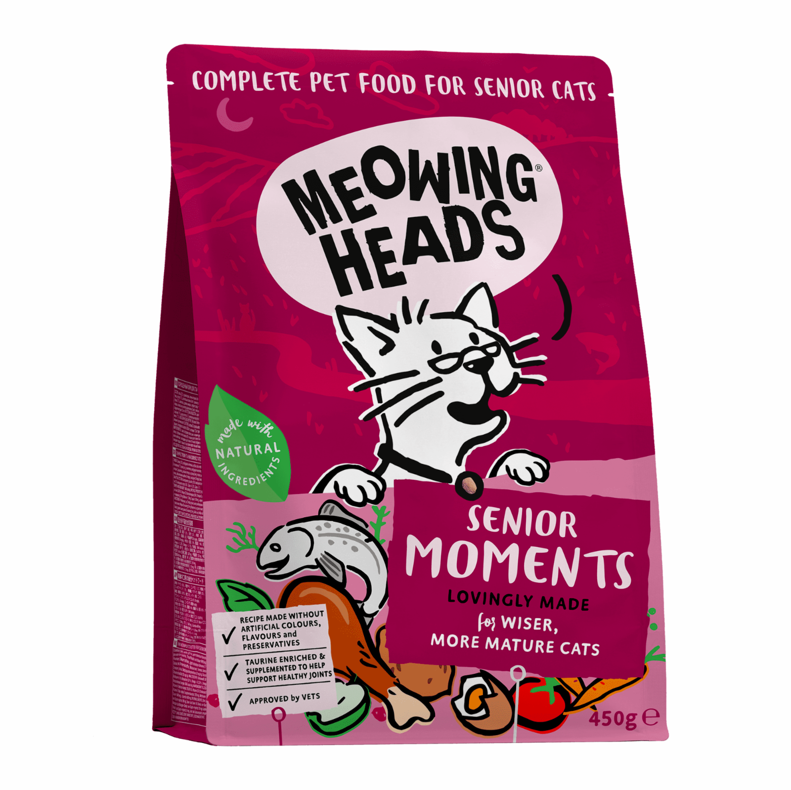 Meowing Heads для кошек старше 7 лет, с лососем и яйцом Мудрые года (450 г)