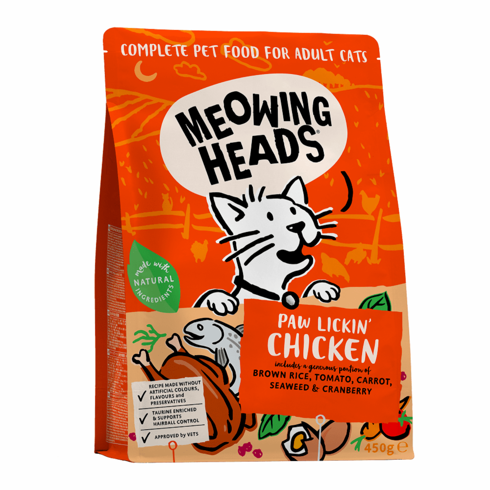 Meowing Heads для взрослых кошек, с курицей и рисом Куриное наслаждение (450 г)