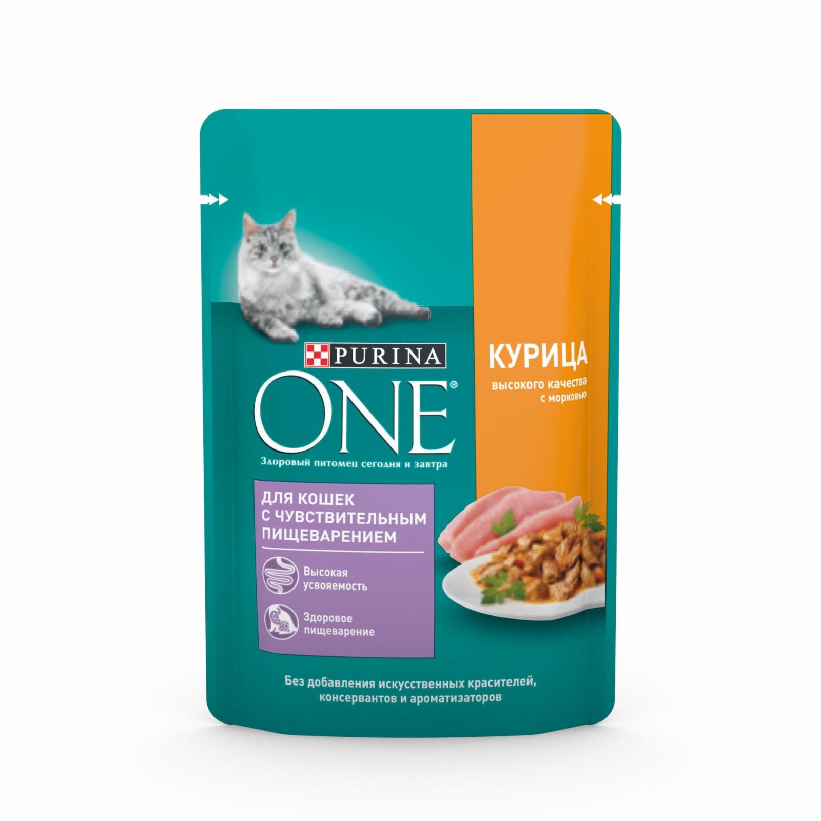 Purina ONE паучи для кошек с чувствительным пищеварением, с курицей и морковью (75 г)