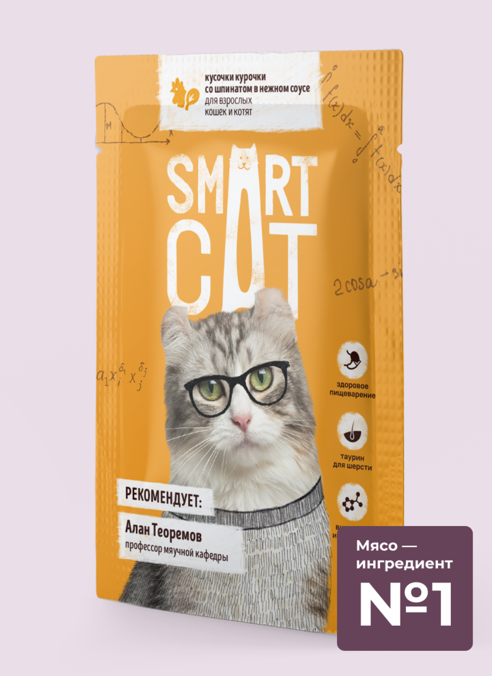 Smart Cat паучи для взрослых кошек и котят: кусочки курочки со шпинатом в нежном соусе (85 г)