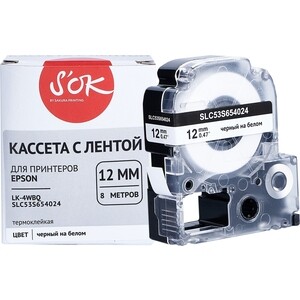 Кассета с лентой S'OK C53S654024 (LK-4WBQ) для Epson, черный на белом, 12мм/8м