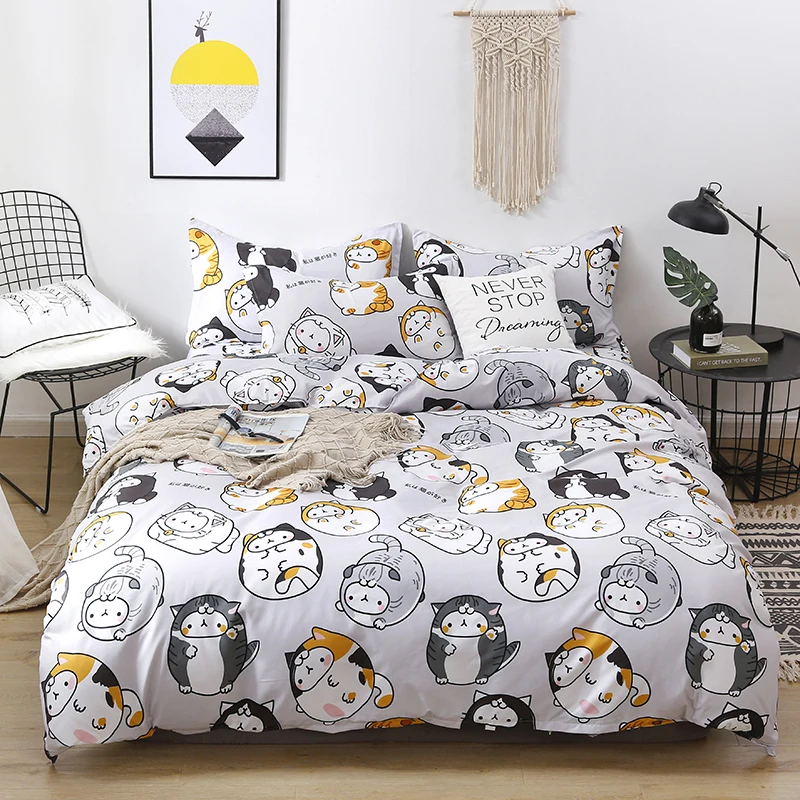 Home Textile Cartoon Cat Bedding Set Simple Cute Duvet Cover Sheet Set With Pillowcase Set Full Queen Size Kids Bedclothes