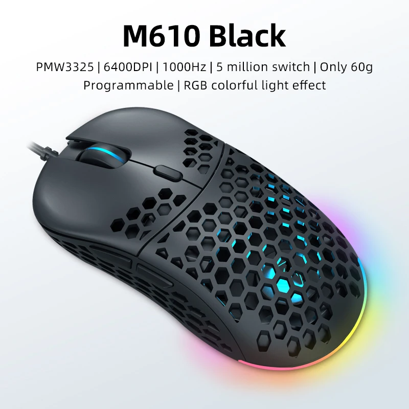 M6 Gaming Mouse RGB PMW3389 Computer Mouse Gaming 16000DPI Programmable Adjustable PC Hollow Design 60g LED Light