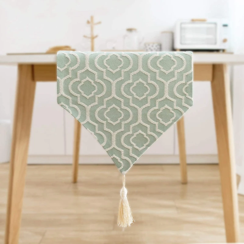 32x180cm Elegant Jacquard Turquoise Table Runner Bed Runner with Tassels Dresser Scarf for Home Party Wedding Dining Table Decor