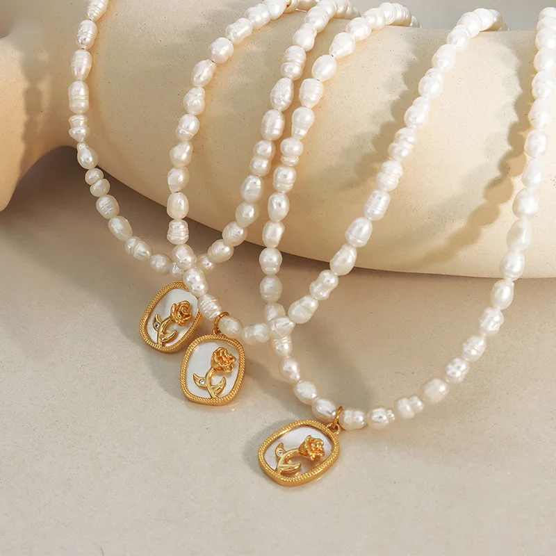 Fashion Jewelry Small Baroque Freshwater Pearl Necklace Women's Oval Plate Set with Zircon Color Shell Embossed Necklace Fade Resistant Jewelry