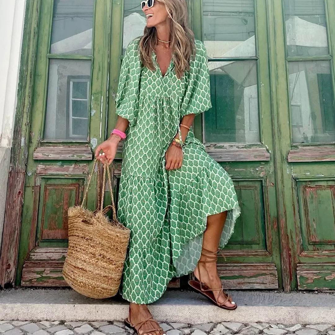 Dresses Puff Sleeve Long Dress Women Geometric Print Splicing Half Sleeve Dress Elegant V-Neck Loose Holiday Beach Dress Vestidos