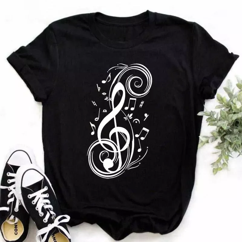 Harajuku Women T Shirt Music Note Printed Tops Women New Black T-shirt Ladies Fashion Graphic Tees Female Tops T-shirts