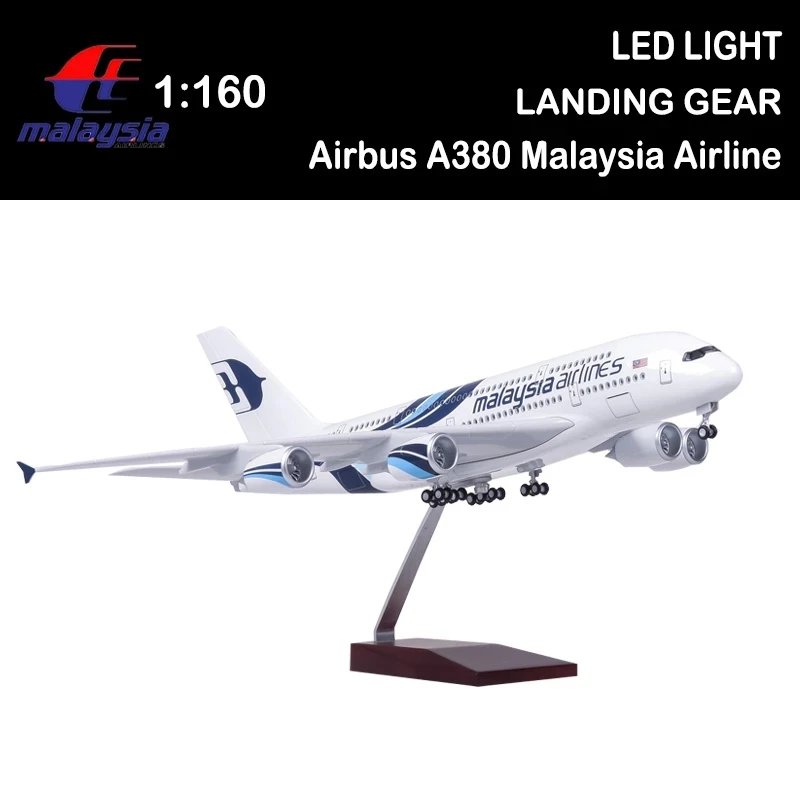 1/160 46CM Airplane Airbus 380 A380 Malaysia Airline Model Light Wheel Diecast Plane Collection Airliner Gift Toys Kids Display