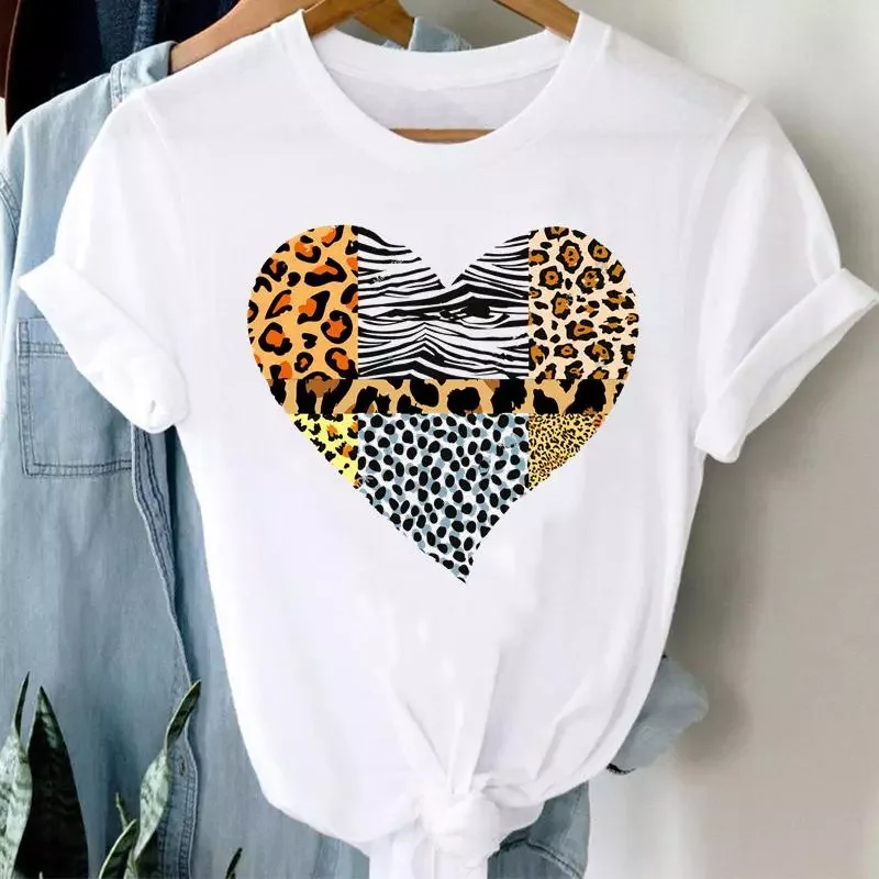 Women Top Leopard Love Heart Cute Clothes Lady Casual Short Sleeve Fashion Summer Tshirt Regular Female Graphic T-Shirt