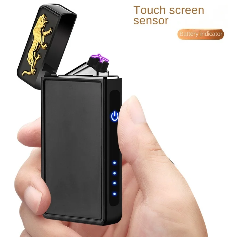 Engraved dragon tiger pattern USB rechargeable induction dual fire arc lighter resists strong winds electric lighter