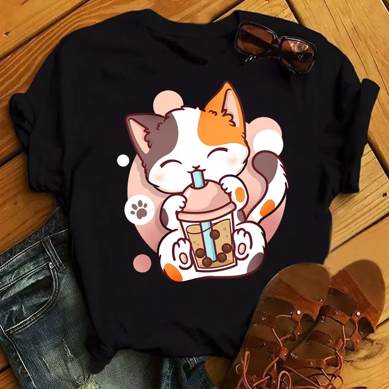 Cartoon Milk Tea Printed T Shirt Women Fashion T Shirt Casual Tops 90s Girls Ladies Female Short Sleeve Cute Graphic Tee