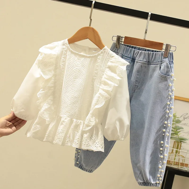 Children's Clothing 2022 Fall Girls Casual Set Little Girl Fashion Lace Lace Top+Pearl Jeans Two Piece Sets Kids Party Long Sleeve Cotton Clothes