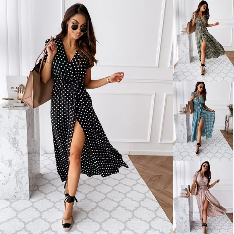   AliExpress Fashion Polka Dot Split Boho Dress V-Neck Women Casual Beach Vacation Long Dresses Vestido De Mujer