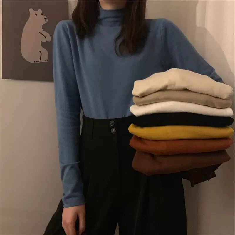 autumn Black White solid Women Long Sleeve T-shirts half Turtleneck Female T-shirt Casual slim T shirt Bottoming Shirt top