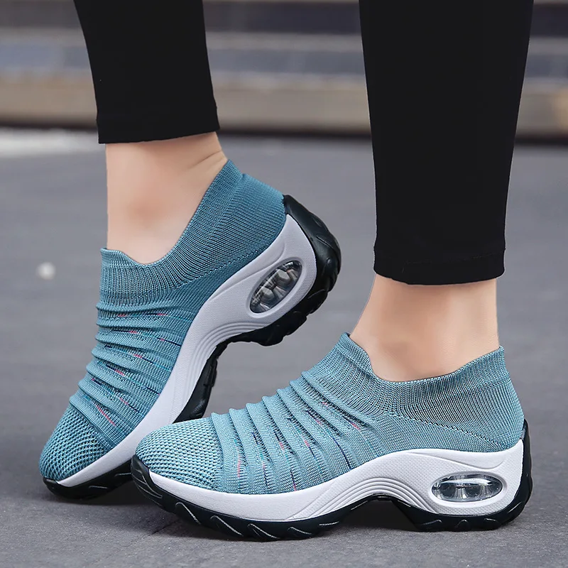 Vulcanized Shoes Woman Blue Color Round Toe Flat Shoe Knit Chunky Sneakers Lady Women Spring Casual Wedges Ladies Luxury Fashion