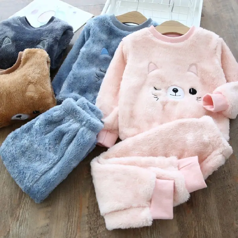 Children's Clothing  AliExpress Children cartoon pajamas set 2022 winter baby plus velvet flannel casual cute clothing boy girl toddler long-sleeved home sets