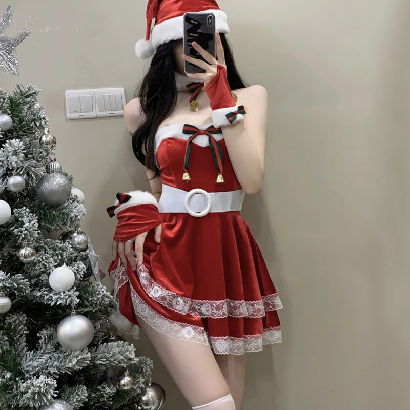 Women Christmas Dress Sexy Santa Claus Cosplay Costumes Ladies Evening Party Clothes Autumn Winter Dresses Hat Belt Gloves Set