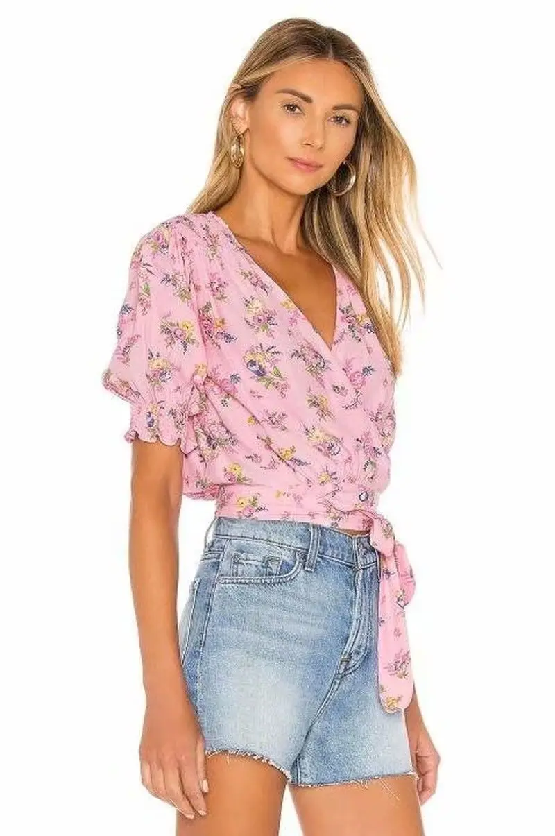 Sexy V Neck Cottagecore Floral T-Shirt Women Summer Wrap Crop Tops Short Sleeve Chiffon Sweet Pink Bohemian Streetwear Feminina