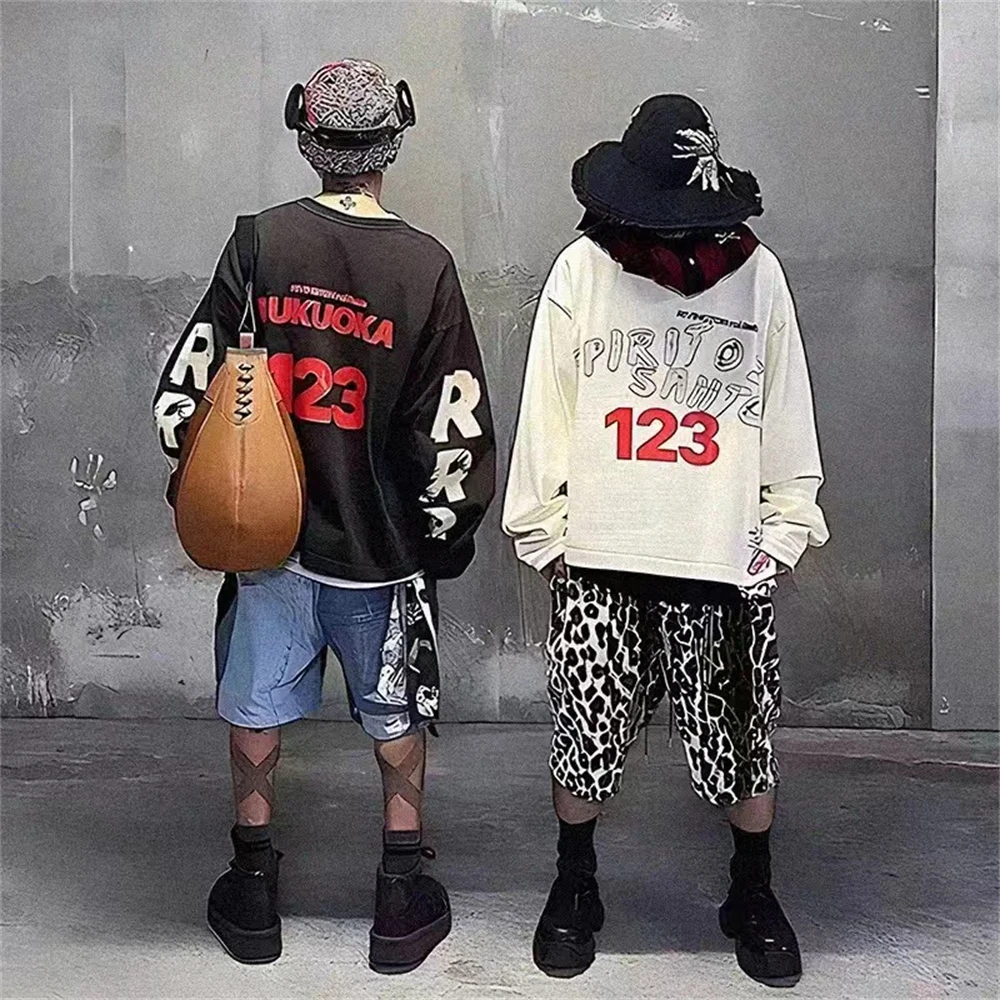 New RRR123 graffiti letter printing long-sleeved T-shirt high street retro loose American casual men's fashion thin long-sleeved