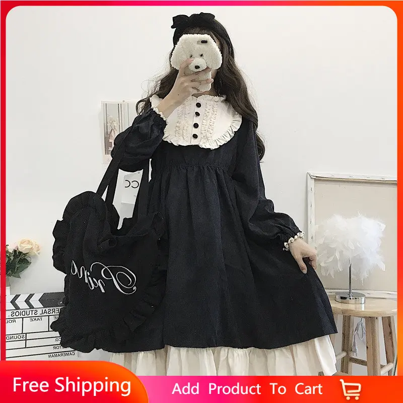 Japanese Style 2022 Autumn Women's Dresses O-Neck High Waist Slimming Contrast-Color Ruffled Sweet Lolita Dress Kawaii Clothing