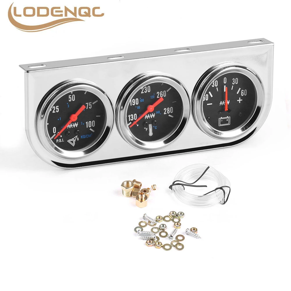 2 52mm Chrome Panel Oil Pressure Gauge Water Temp Gauge AMP Meter Triple Gauge Kit Set Black Face Car Meter With White Face