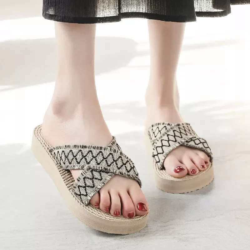 ms summer cool slippers tassel cross with flat shoes high thick bottom to prevent slippery spot spot beach shoes