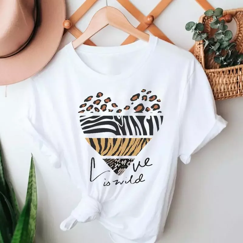 Fashion Leopard Love Heart Summer 90s Clothing Short Sleeve Tshirts Clothes Graphic T Top Lady Print Female Tee T-Shirt