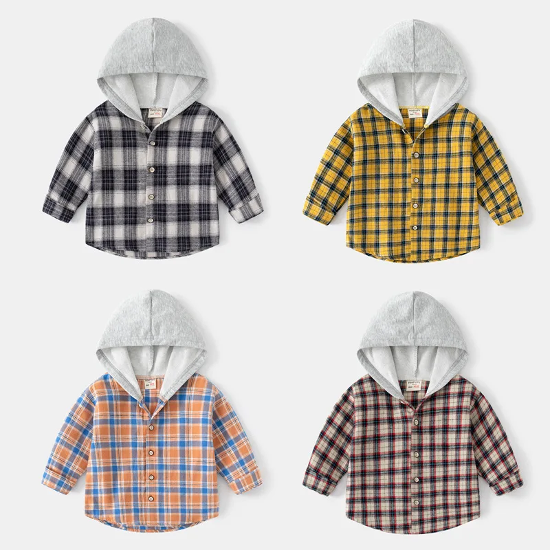 2022 New Spring And Autumn Boys V-Neck Long-Sleeved Shirt Baby Fashion Hooded Shirt Jacket Soft And Comfortable