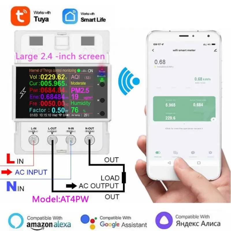 Measurement & Analysis Instruments AT4PW 100A Tuya WIFI Din Rail Smart Switch Remote Control AC 220V 110V Digital Power Energy Volt Amp Kwh Frequency Factor Meter