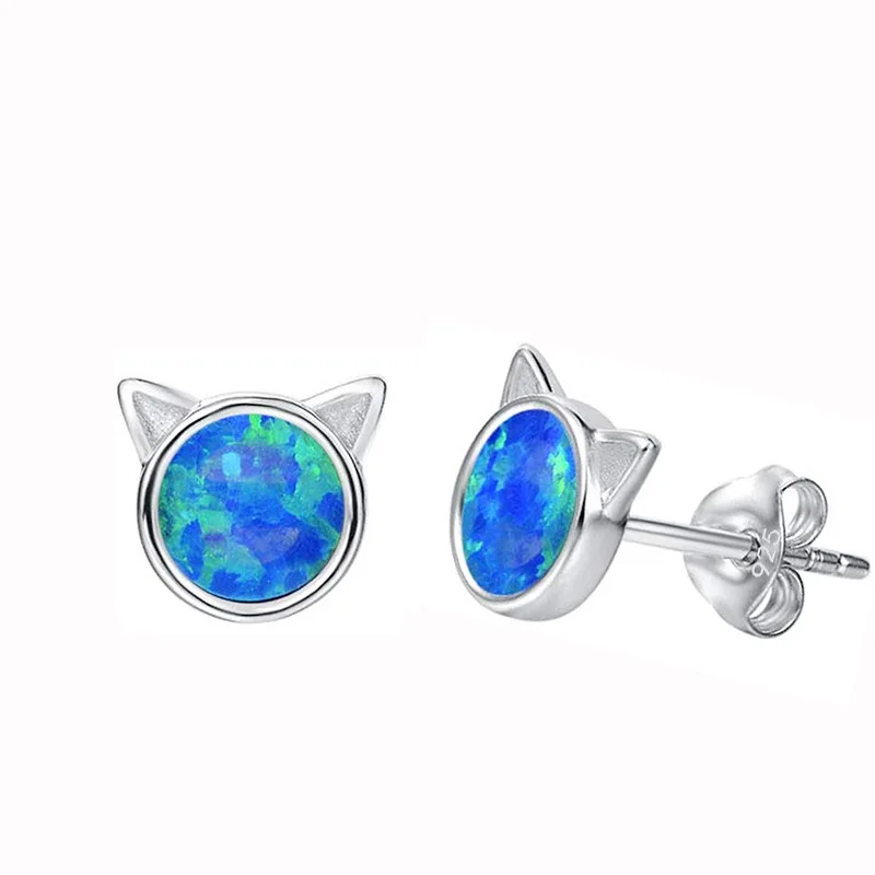 Christmas Cat Earrings Opal Earrings Sterling Silver Opal Cute Pet Stud Earrings Jewelry Gift for Women Girls Girlfriend