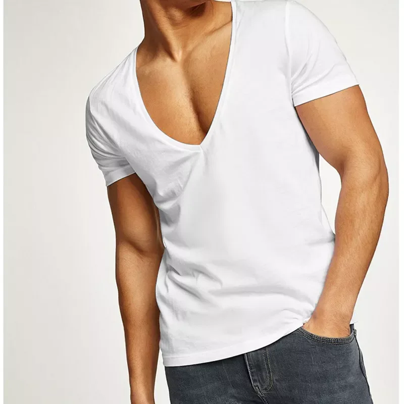 T Shirt Summer Sexy Zipper Tee Casual Short Plain T Shirts Deep V-neck Sport Cotton Tees White Men Tops Short T Shirts Men