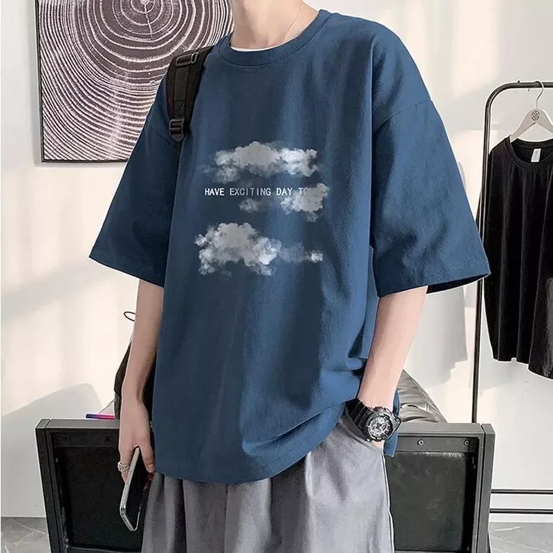 plus size short-sleeved t-shirt men women Harajuku Cloud print Hong Kong style Fifth sleeve tee preppy hip-hop simple top