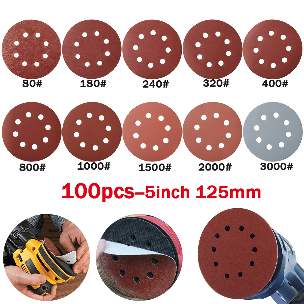 Tool Parts 100pcs 125mm Sandpaper Round Shape Sanding Discs Hook Loop Sanding Paper Buffing Sheet Sandpaper 8 Hole Sander Polishing Pad