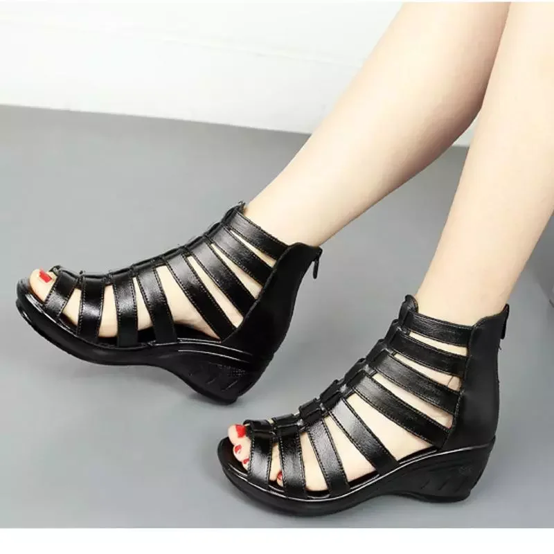 Summer  Solid Color Leather Shoes Fashion Female High (5 cm-8 cm) Outside Gladiator Sandals