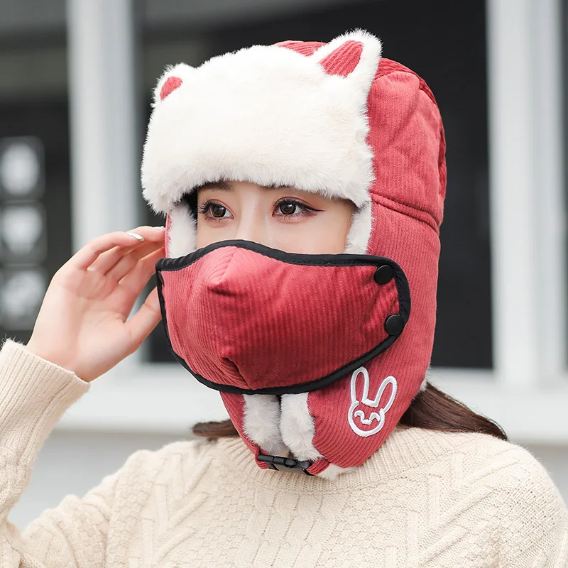 Arts,Crafts & Sewing  AliExpress Hat Women's Winter Rabbit Cold Proof Integrated Cold Proof Headgear Mask Hood Women Ski Bib Hat Plaid Ear Flap