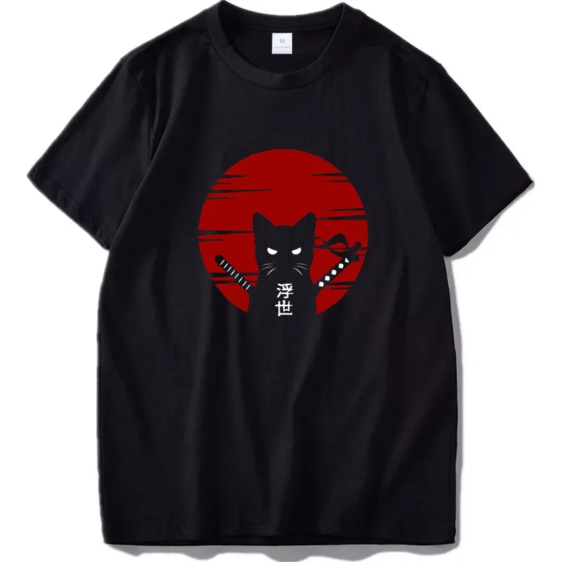 Style Samurai Cat Tshirt Japan Style Ukiyoe Culture Original Design Digital Print 100% Cotton Tops Tee