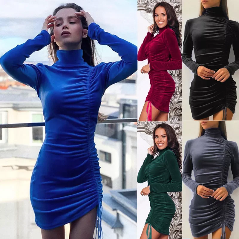   AliExpress Womens Sexy Slim Fashion Long-Sleeved Tight-fitting Hip Dress 2021 Party Velvet Mini Dress Elegant Solid High-Neck Dresse