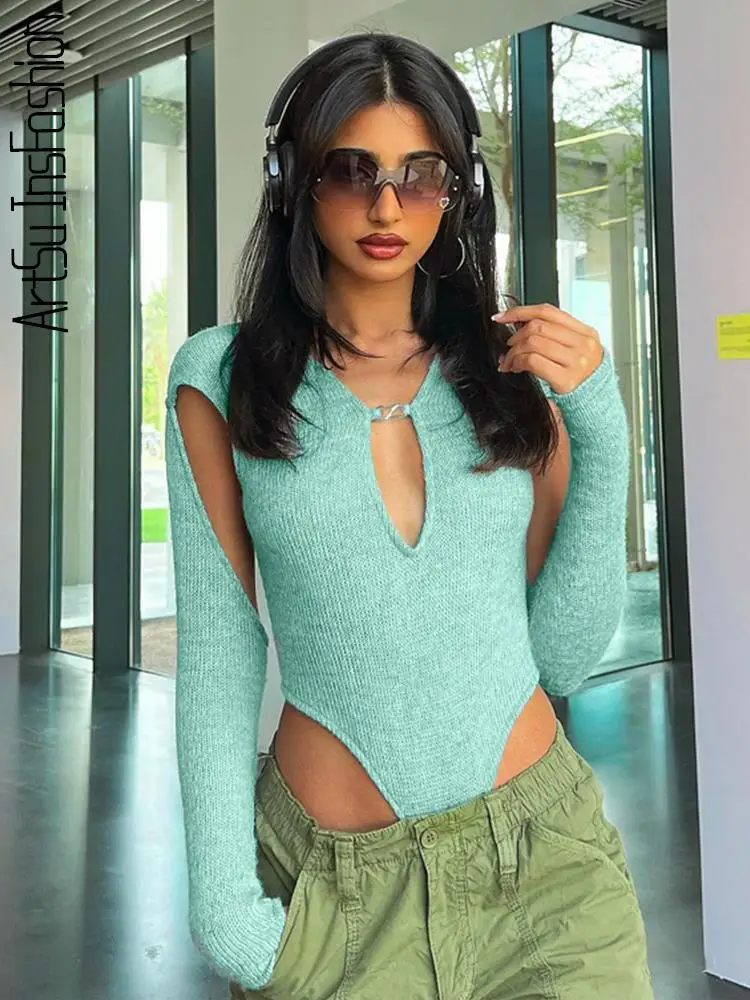 Long Sleeve Bodysuit Sexy Top Hollow Out Jumpsuit Skinny Solid Knitted Tops Party Club Outfits Green Fashion Rompers