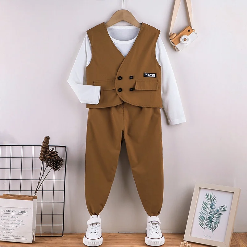 Children's Clothing Kid Boy 4-7 Years old Long Sleeve T-shirt Vest Long Pants Outfit Toddler Infant Clothing Set Fashion Kids Wear Ootd For Boy