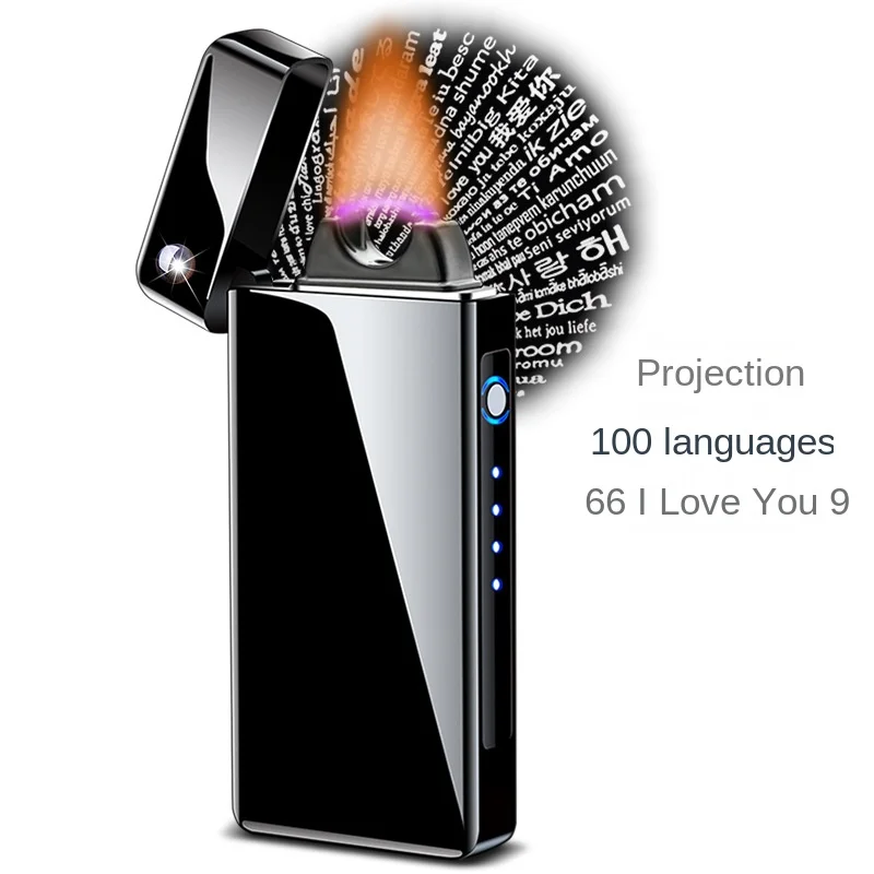 Projection miniature engraving 100 kinds of love USB charging big fire arc lighter men's gifts lighters  rechargeable lighter