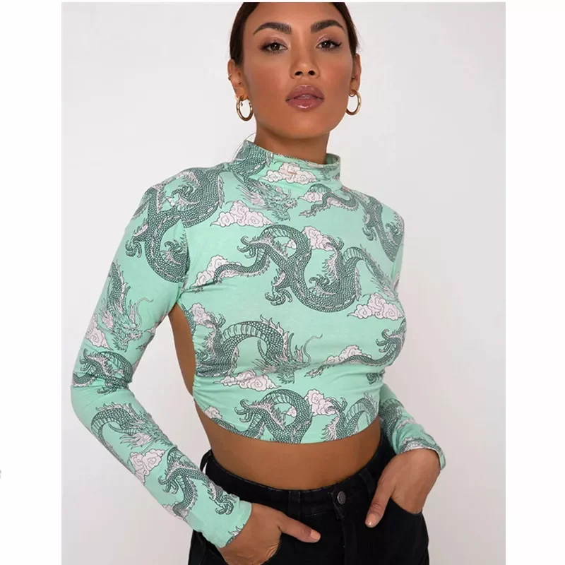 Street Dragon Printed Women T-Shirts Sexy Backless Crop Top Long Sleeve Bandage Tops High Neck Lace Up T-Shirt Graphic Tees