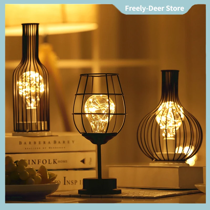 LED Night Light Wrought Iron Table Lamp Vintage Red Wine Glass Wine Bottle Gift Home Decor Bedroom Bedside Desk Night LightLight