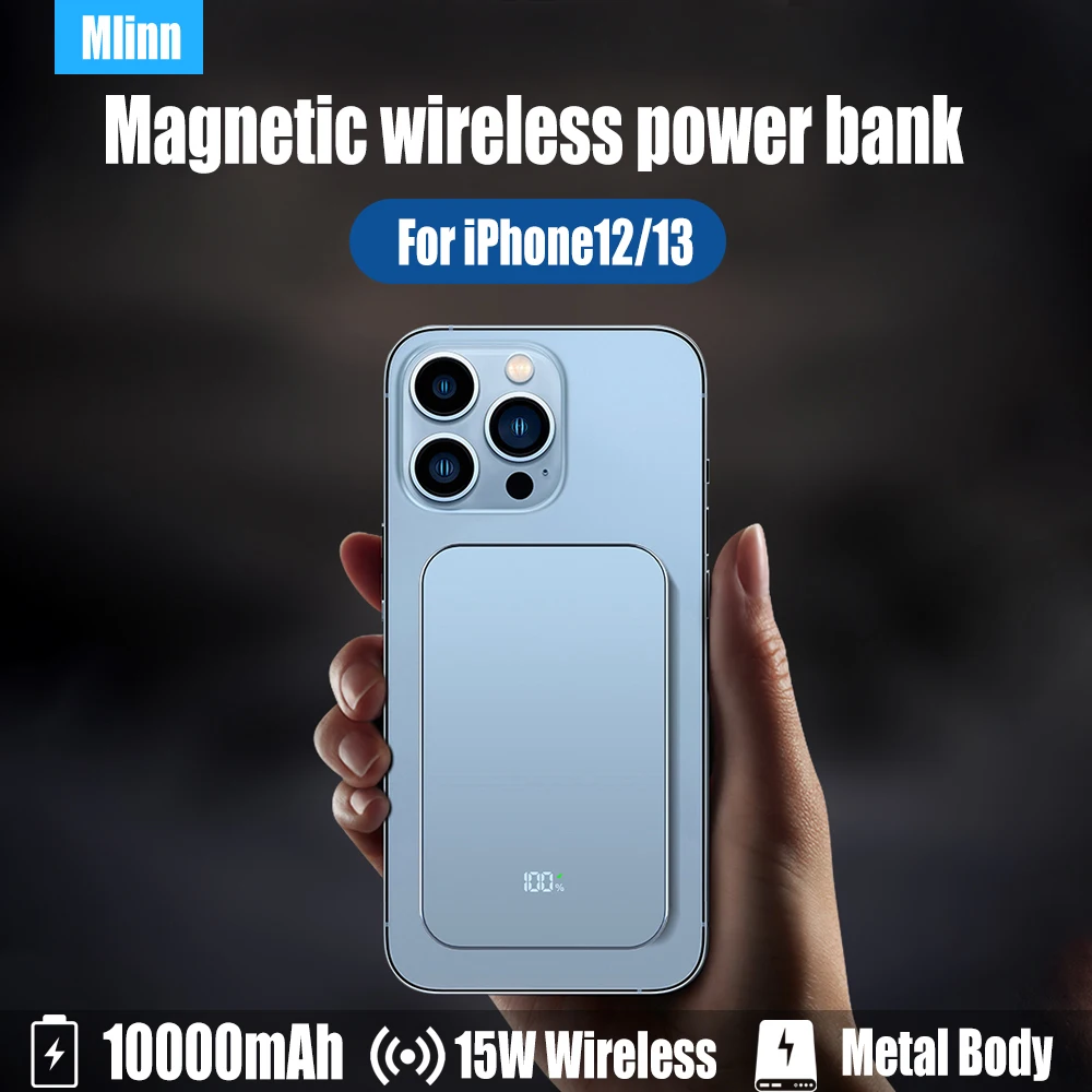 New 10000mAh For MagSafe iPhone 13 12 Magnetic Power Bank Metal Body Glass Back Cover USB-C 20W Wireless 15W Portable Mini