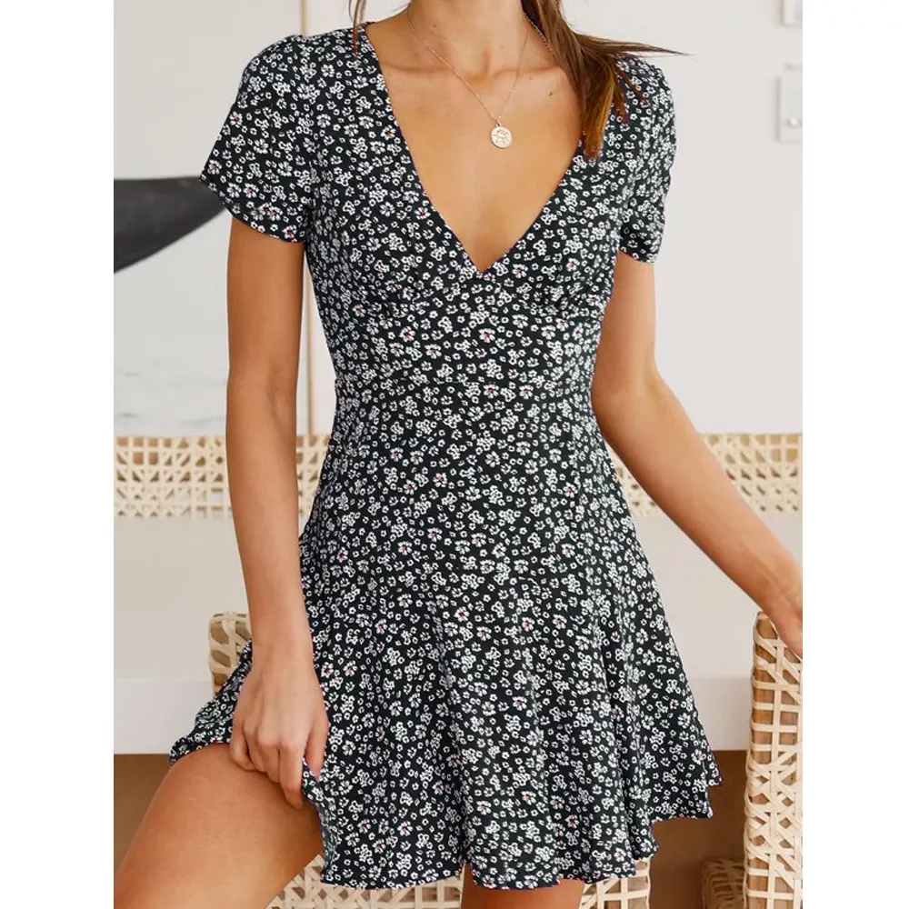 Dresses Dress Summer V-Neck High Waist Short Dress for Party Holiday Casual Lady Slim Fit Flared Mini Dress A-Line Flowers/Dots