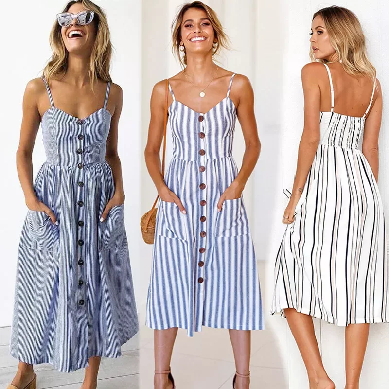 Dresses  AliExpress Sexy Floral Dress Summer Vintage Casual Sundress Female Beach Dress Midi Button Backless Polka Dot Striped Women Dress2020