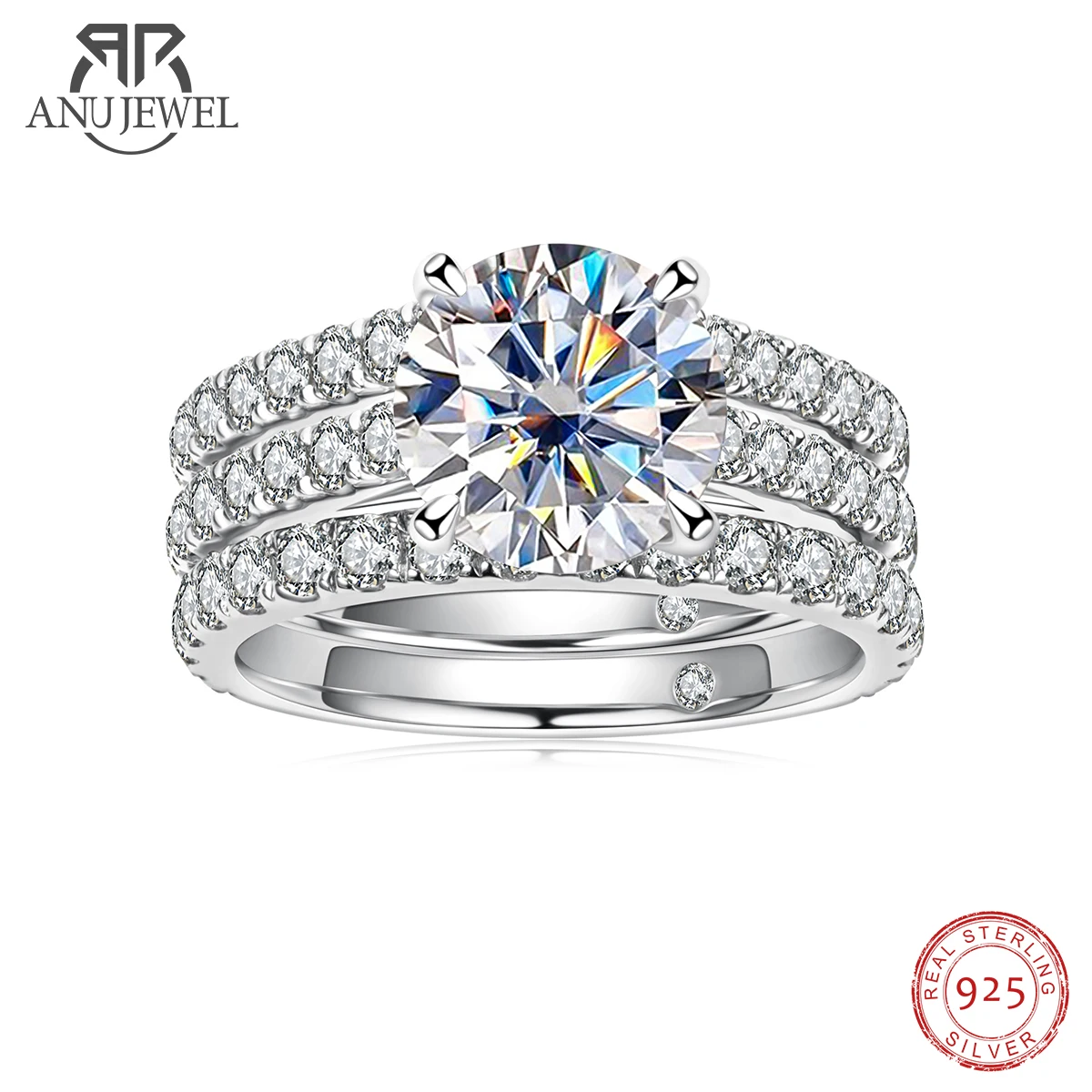 AnuJewel 3ct Main Stone(Total 4.15ct) D Color Moissanite Ring Set Bridal Sets Wedding Band Silver Rings With GRA Wholesale