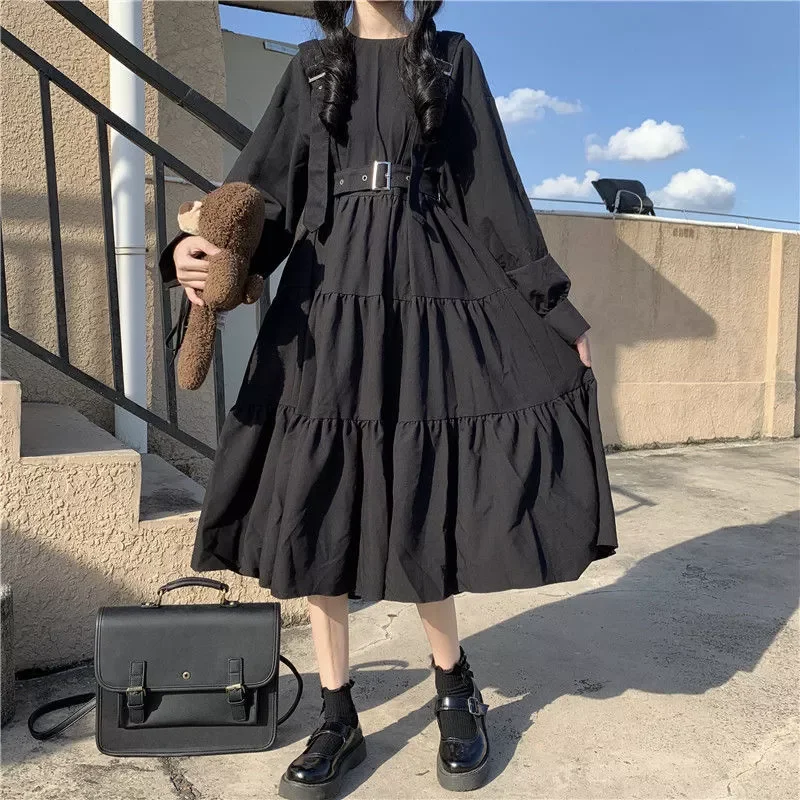 Dresses Japanese Harajuku Women Black Midi Dress Gothic Style Suspenders Bandage Dress Vintage Ruffles Long Baggy Cosplay Costume